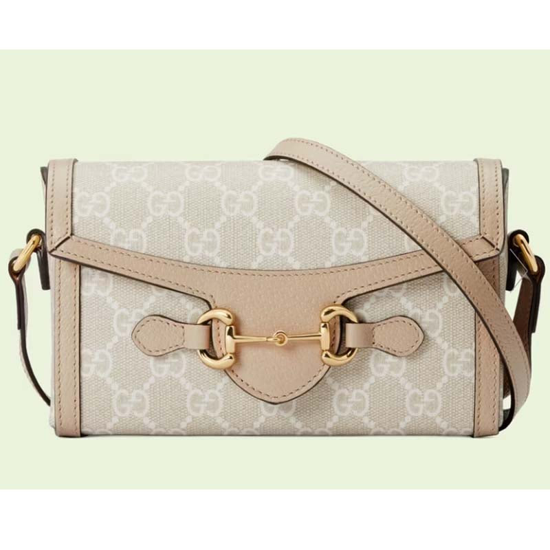 Gucci Women Horsebit 1955 Mini Bag Beige White GG Supreme Canvas