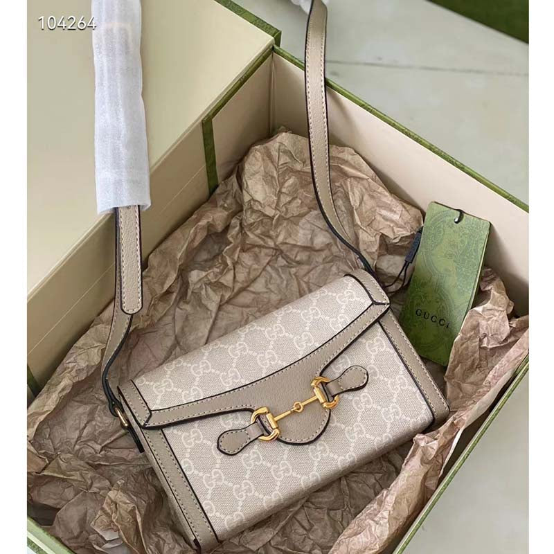 Gucci Women Horsebit 1955 Mini Bag Beige White GG Supreme Canvas