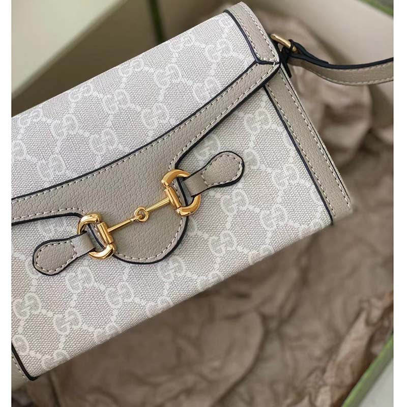 Gucci Women Horsebit 1955 Mini Bag Beige White GG Supreme Canvas