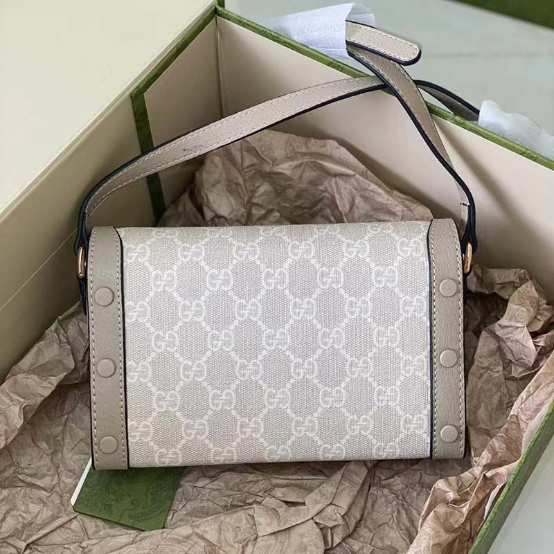 Gucci Women Horsebit 1955 Mini Bag Beige White GG Supreme Canvas