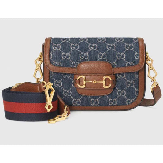 Gucci Women Horsebit 1955 Mini Bag Dark Blue Ivory Eco Washed Organic GG Jacquard Denim