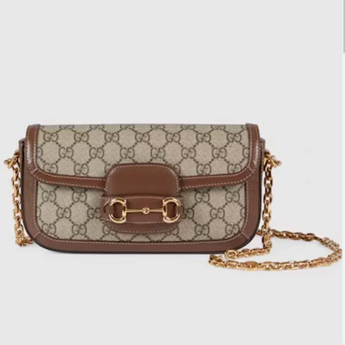 Gucci Women Horsebit 1955 Shoulder Bag Beige Ebony GG Supreme Canvas Brown Leather