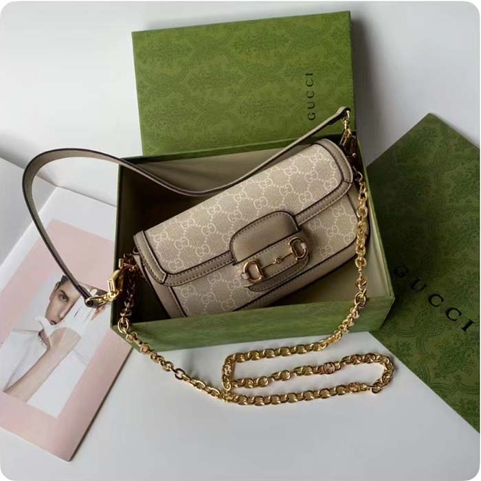 Gucci Women Horsebit 1955 Shoulder Bag Beige White GG Supreme Canvas