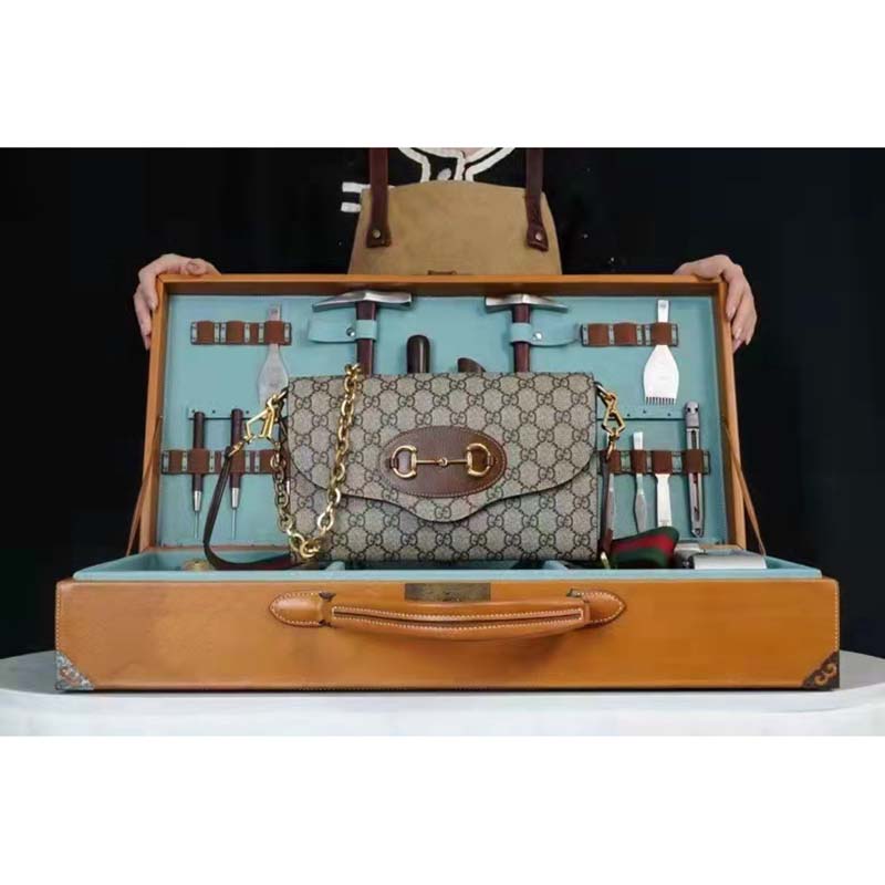 Gucci Women Horsebit 1955 Small Bag Beige Ebony GG Supreme Canvas