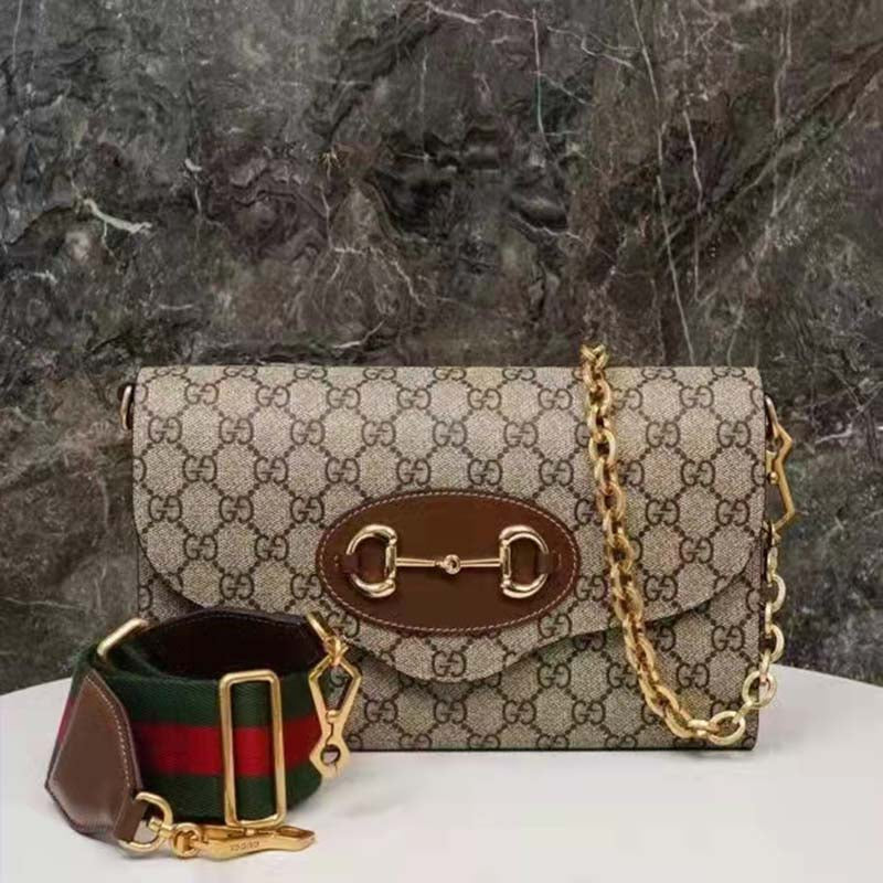 Gucci Women Horsebit 1955 Small Bag Beige Ebony GG Supreme Canvas