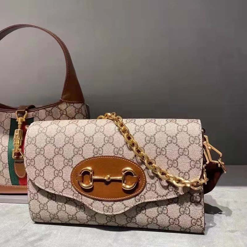 Gucci Women Horsebit 1955 Small Bag Beige Ebony GG Supreme Canvas