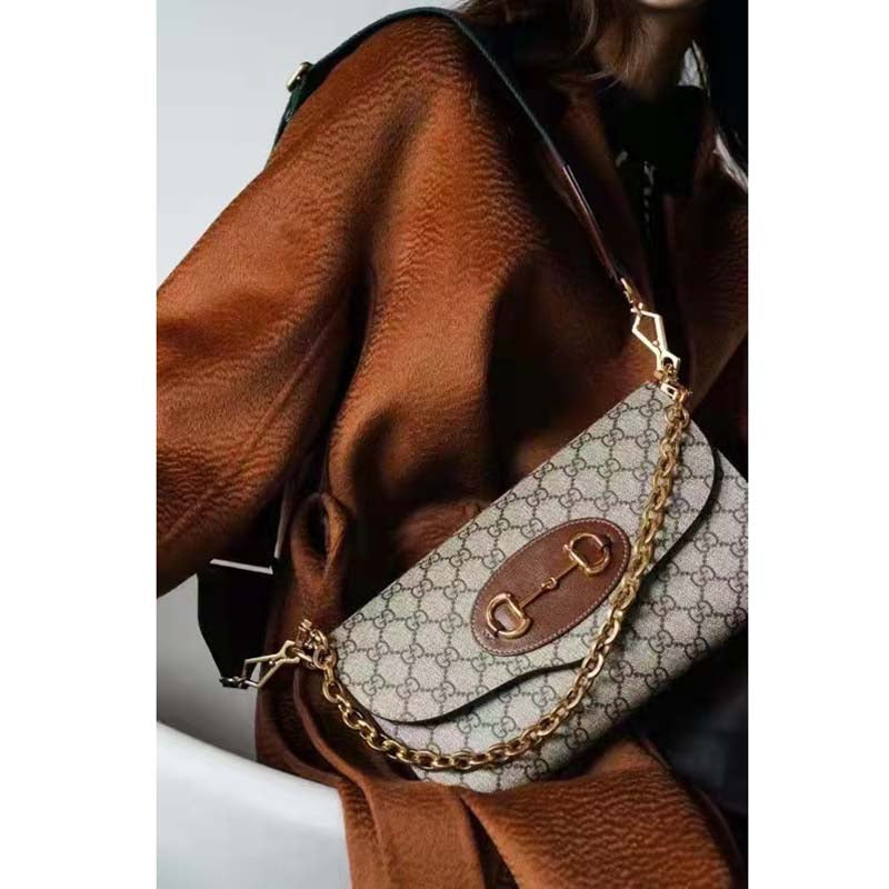 Gucci Women Horsebit 1955 Small Bag Beige Ebony GG Supreme Canvas