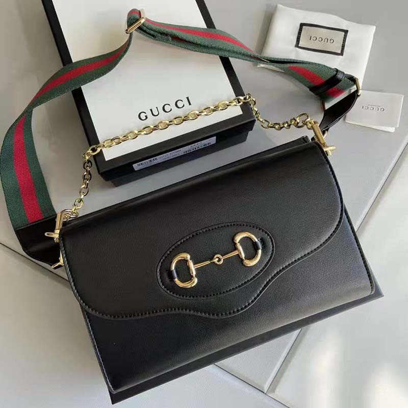 Gucci Women Horsebit 1955 Small Bag Black Leather Gold Toned Hardware Horsebit