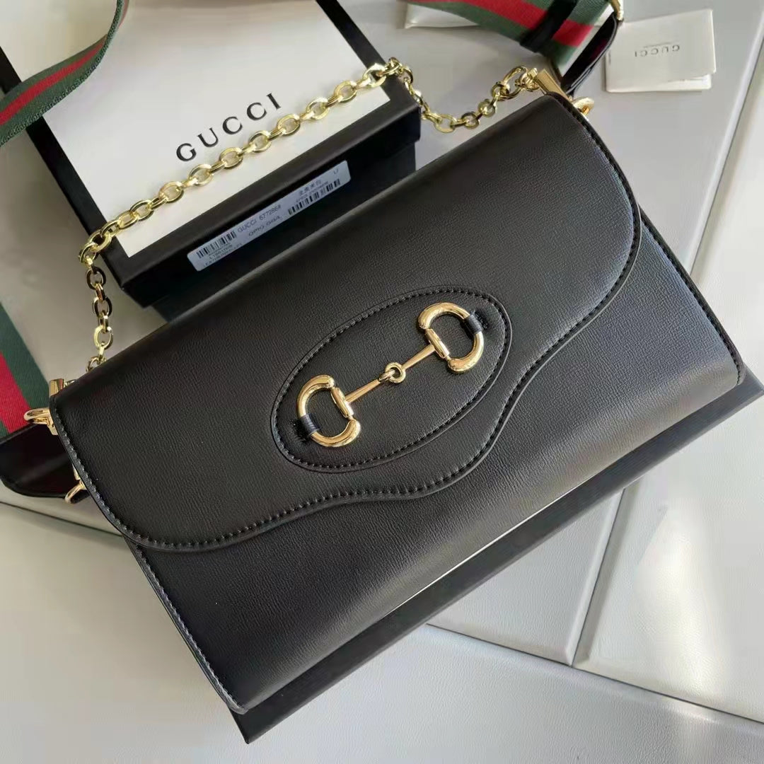 Gucci Women Horsebit 1955 Small Bag Black Leather Gold Toned Hardware Horsebit