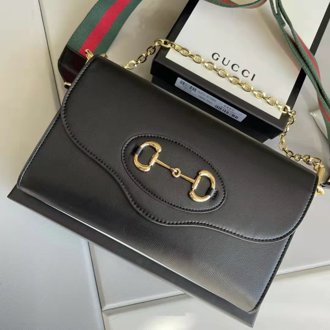 Gucci Women Horsebit 1955 Small Bag Black Leather Gold Toned Hardware Horsebit