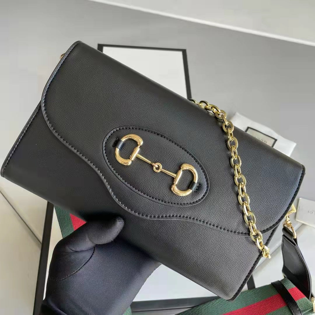 Gucci Women Horsebit 1955 Small Bag Black Leather Gold Toned Hardware Horsebit