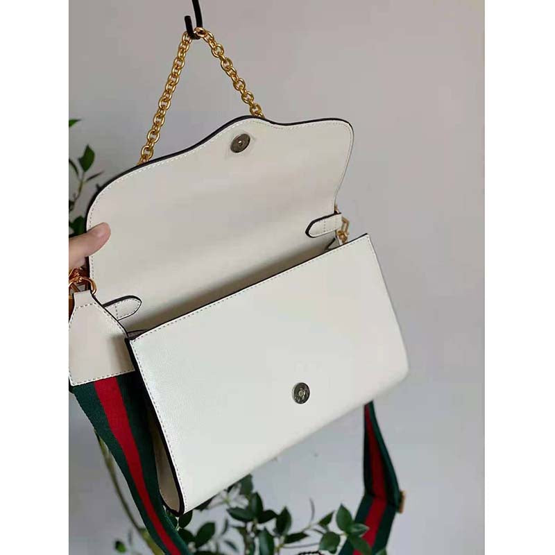 Gucci Women Horsebit 1955 Small Bag White Leather Gold Toned Hardware Horsebit