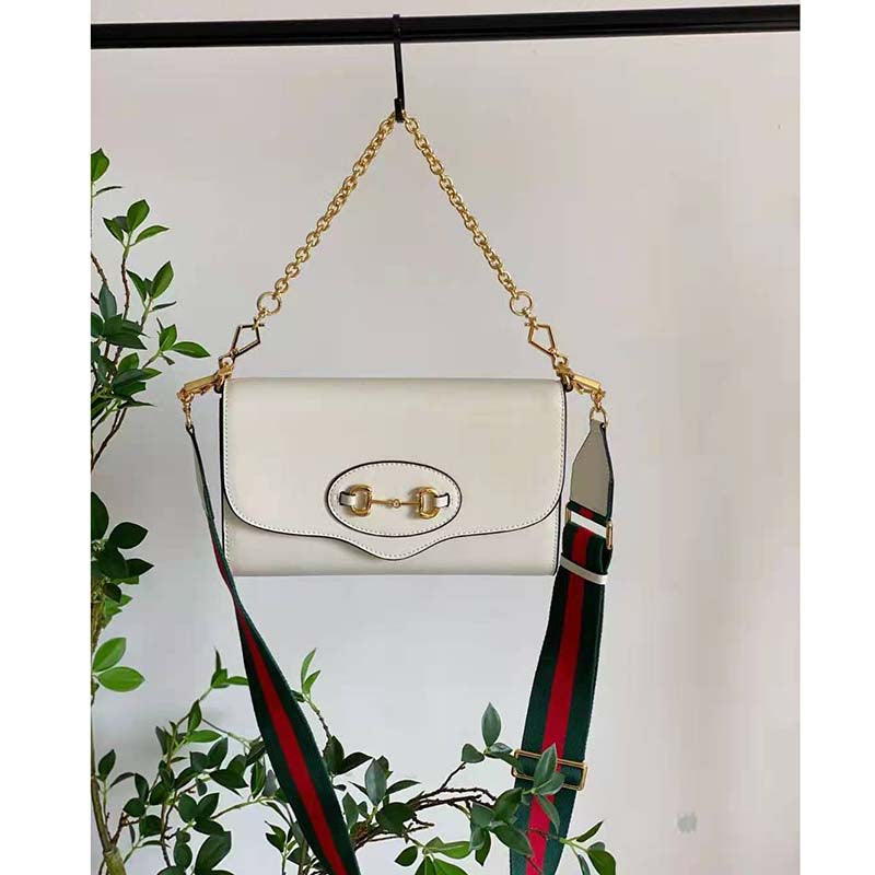 Gucci Women Horsebit 1955 Small Bag White Leather Gold Toned Hardware Horsebit