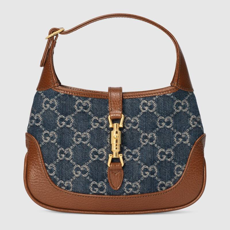 Gucci Women Jackie 1961 Mini Shoulder Bag Washed Organic GG Jacquard Denim