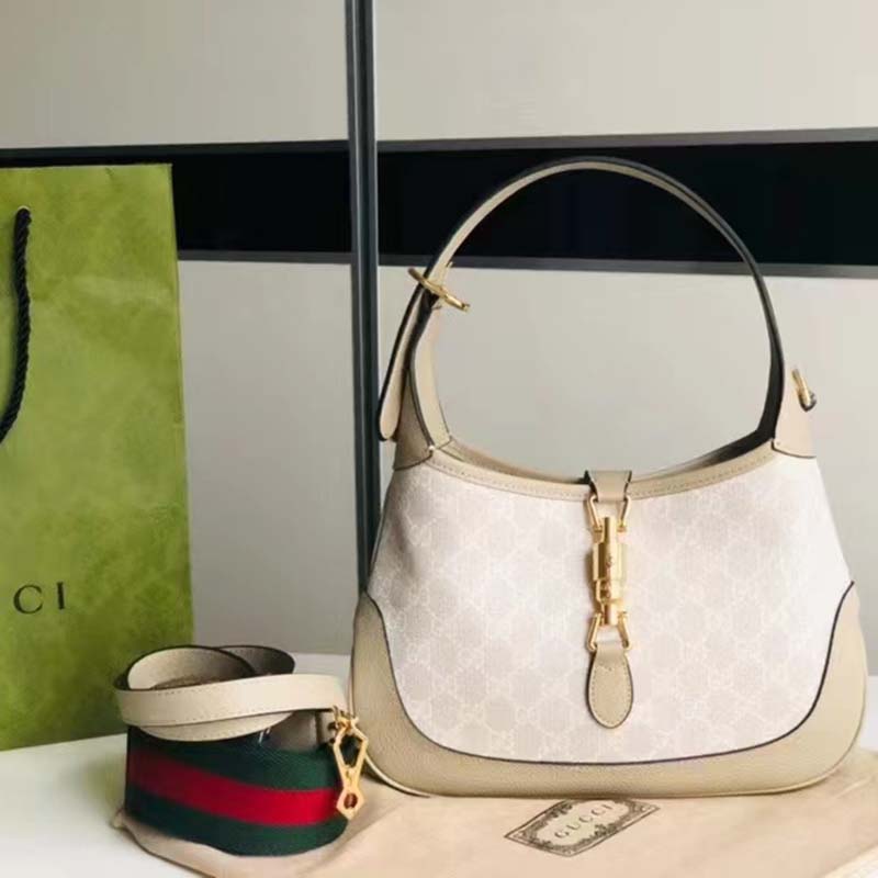 Gucci Women Jackie 1961 Small GG Shoulder Bag Beige White Supreme Canvas