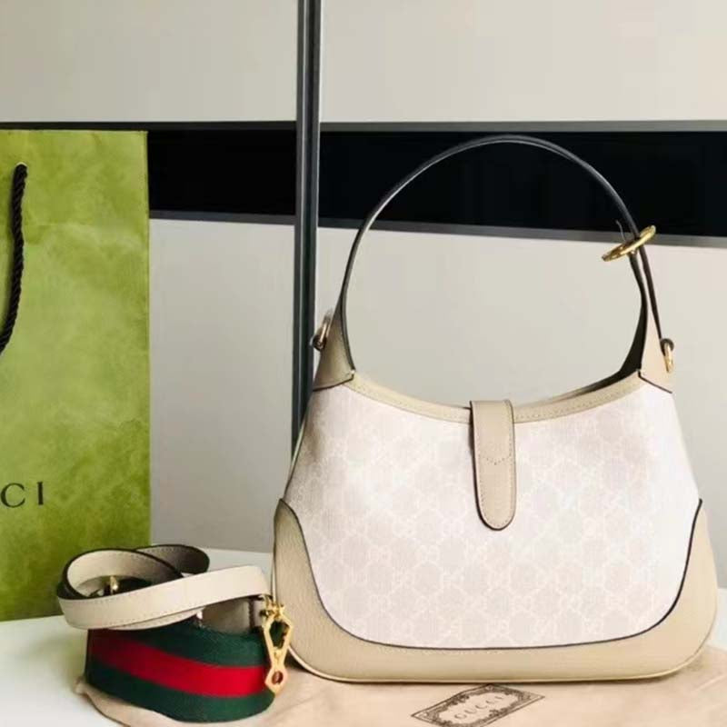 Gucci Women Jackie 1961 Small GG Shoulder Bag Beige White Supreme Canvas