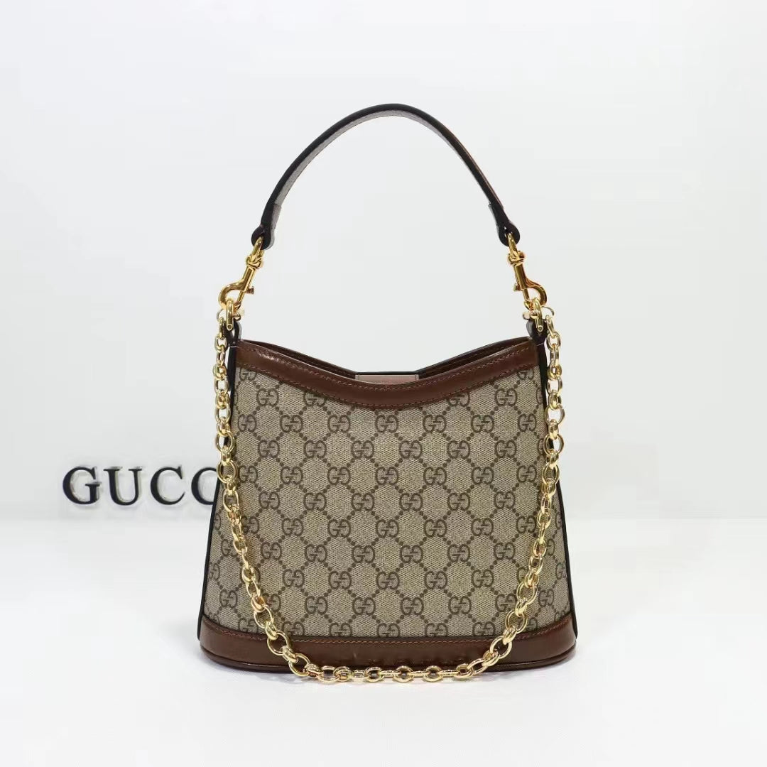 Gucci Women Large Shoulder Bag Interlocking G Beige Ebony GG Supreme Canvas