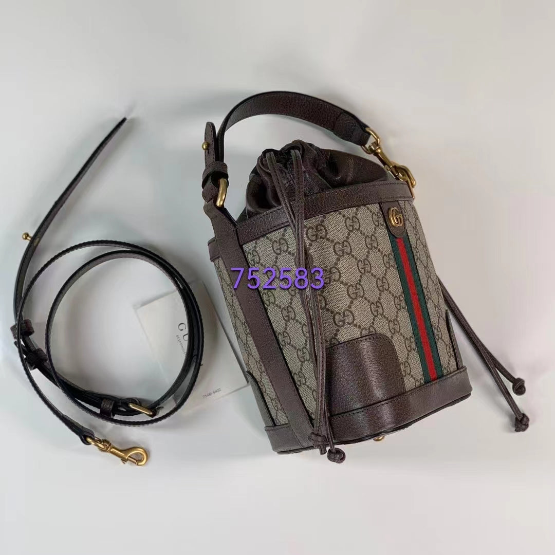 Gucci Women Ophidia GG Bucket Bag Beige Ebony GG Supreme Canvas Double G