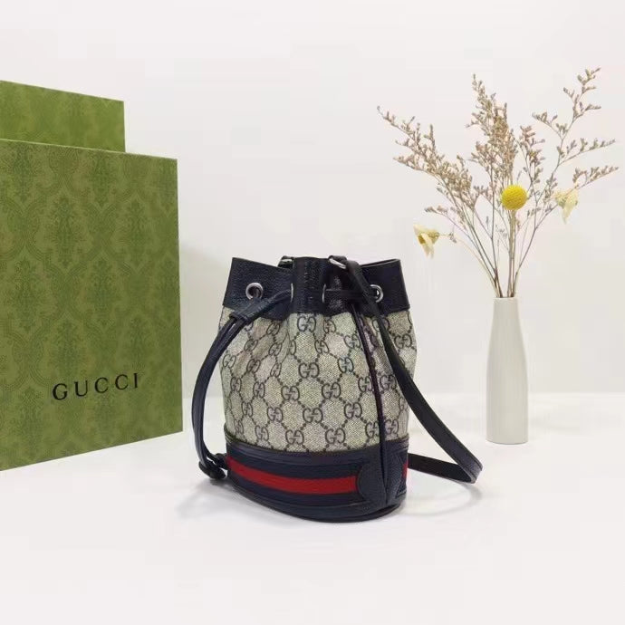 Gucci Women Ophidia GG Mini Bucket Bag Beige Blue GG Supreme Canvas