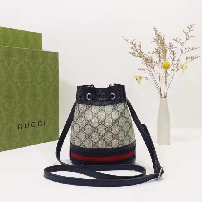 Gucci Women Ophidia GG Mini Bucket Bag Beige Blue GG Supreme Canvas