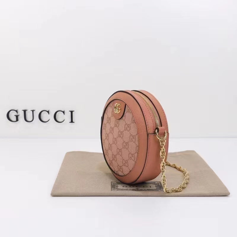 Gucci Women Ophidia GG Mini Round Shoulder Bag Pink Canvas Double G