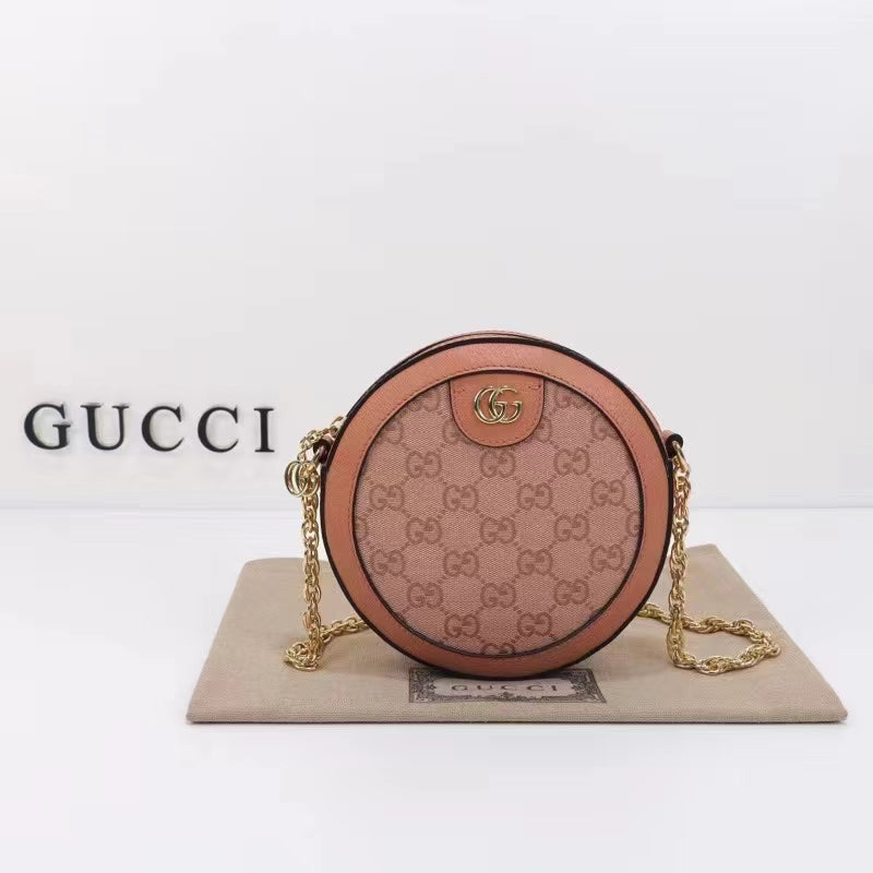 Gucci Women Ophidia GG Mini Round Shoulder Bag Pink Canvas Double G