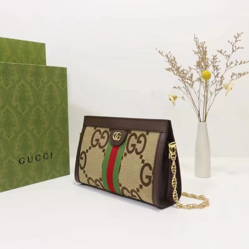 Gucci Women Ophidia Jumbo GG Small Shoulder Bag Camel Ebony Canvas