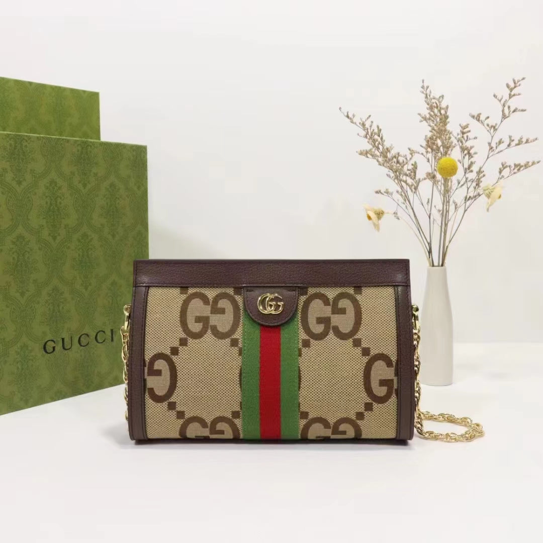 Gucci Women Ophidia Jumbo GG Small Shoulder Bag Camel Ebony Canvas