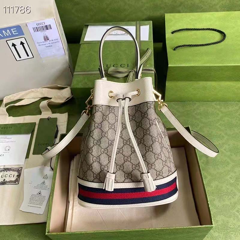 Gucci Women Ophidia Mini GG Bucket Bag Beige Ebony GG Supreme Canvas