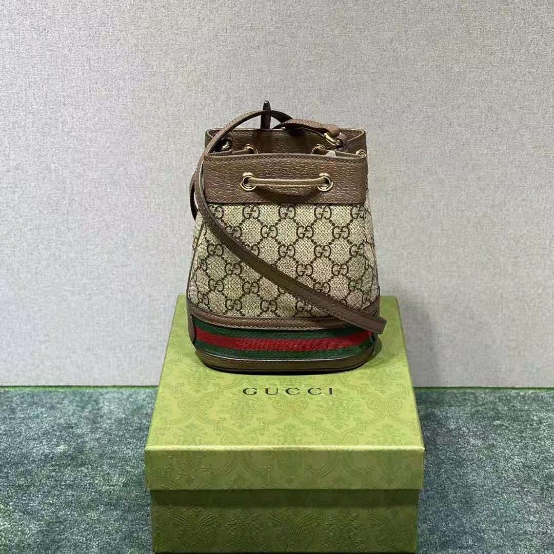 Gucci Women Ophidia Mini GG Bucket Bag Beige and Ebony GG Supreme Canvas