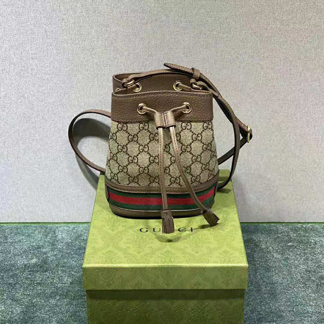 Gucci Women Ophidia Mini GG Bucket Bag Beige and Ebony GG Supreme Canvas