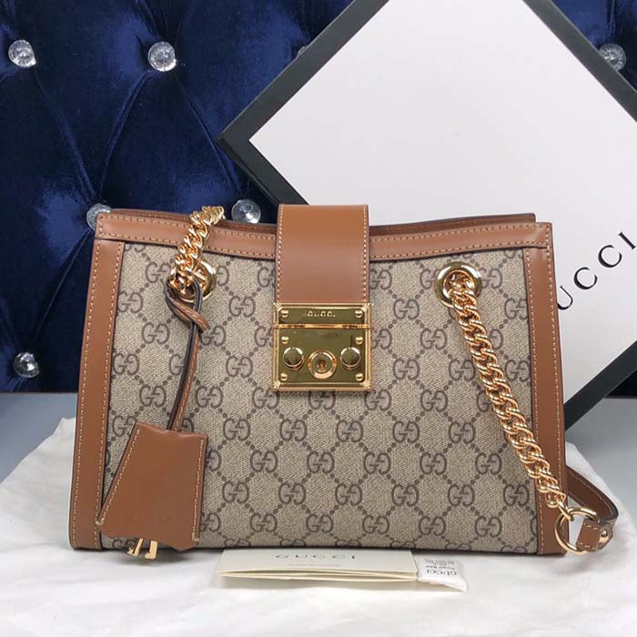 Gucci Women Padlock Small GG Shoulder Bag Beige Ebony GG Supreme Canvas Brown Leather