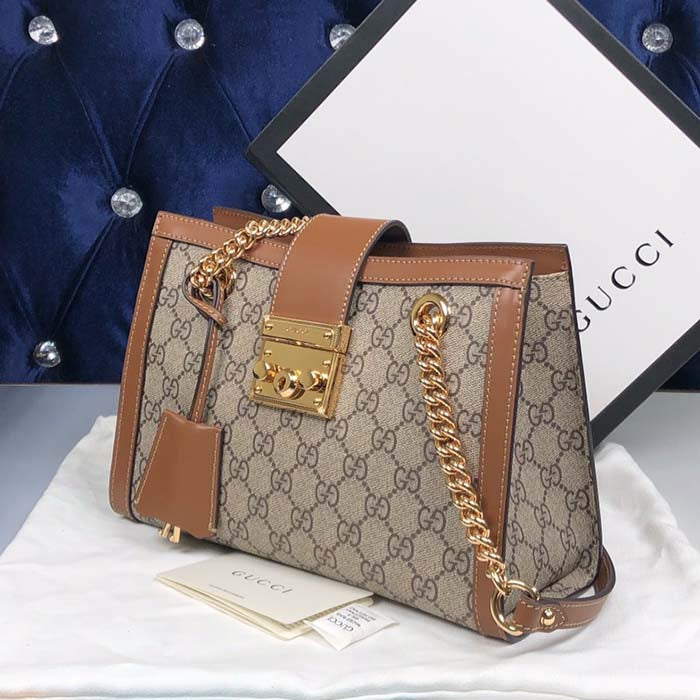 Gucci Women Padlock Small GG Shoulder Bag Beige Ebony GG Supreme Canvas Brown Leather