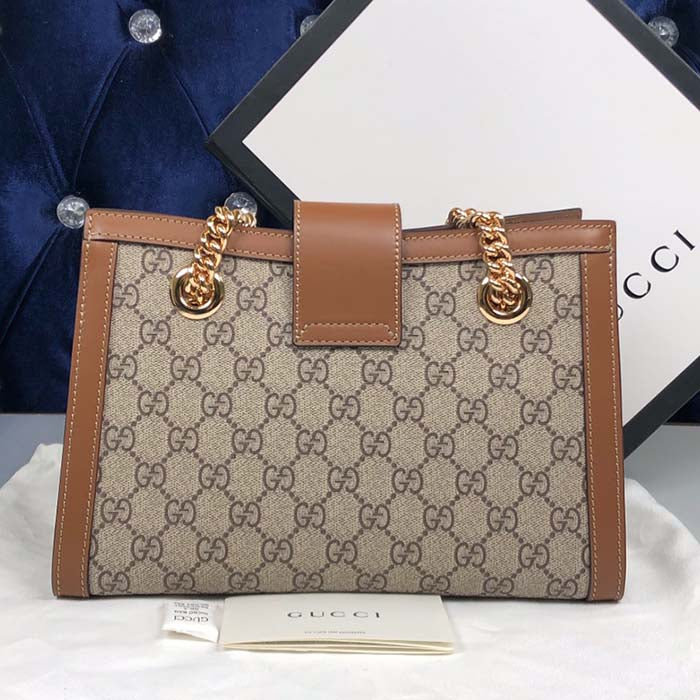 Gucci Women Padlock Small GG Shoulder Bag Beige Ebony GG Supreme Canvas Brown Leather