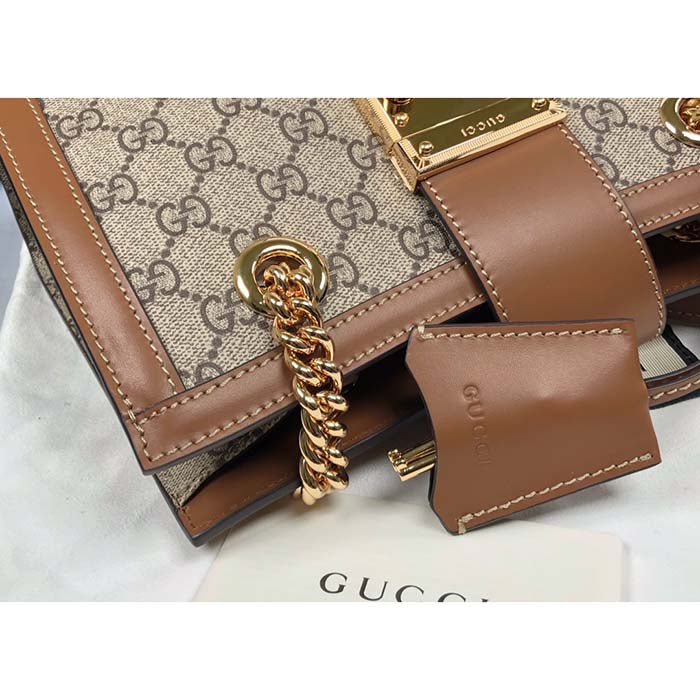 Gucci Women Padlock Small GG Shoulder Bag Beige Ebony GG Supreme Canvas Brown Leather