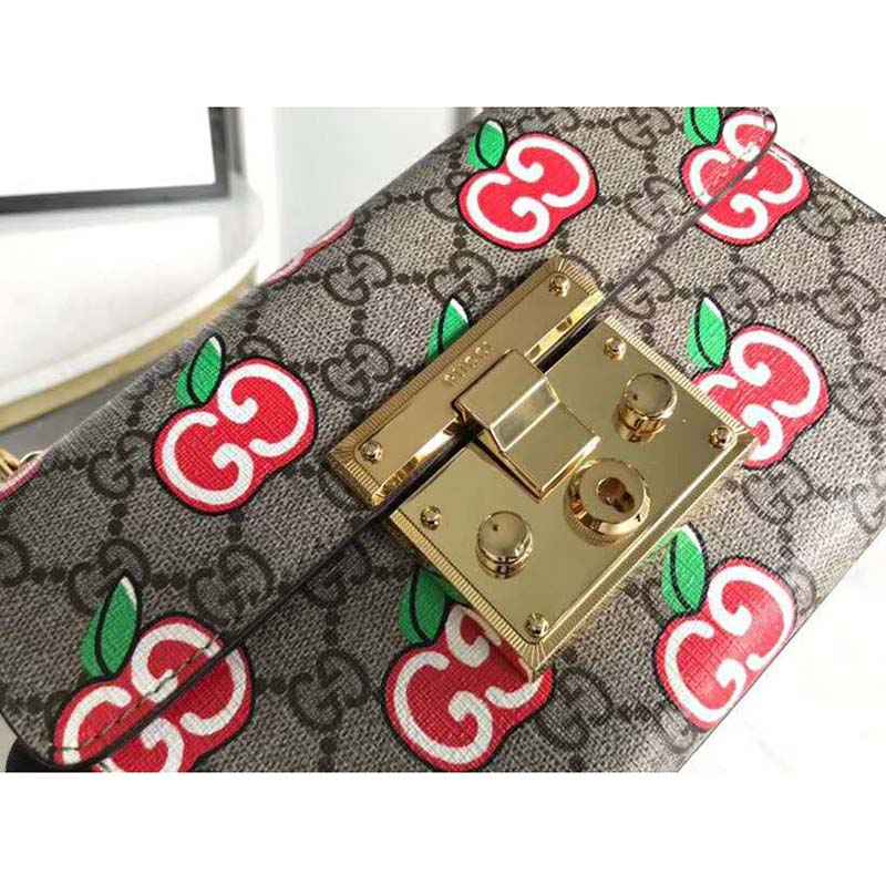 Gucci Women Padlock Small Shoulder Bag GG Apple Print GG Supreme Canvas