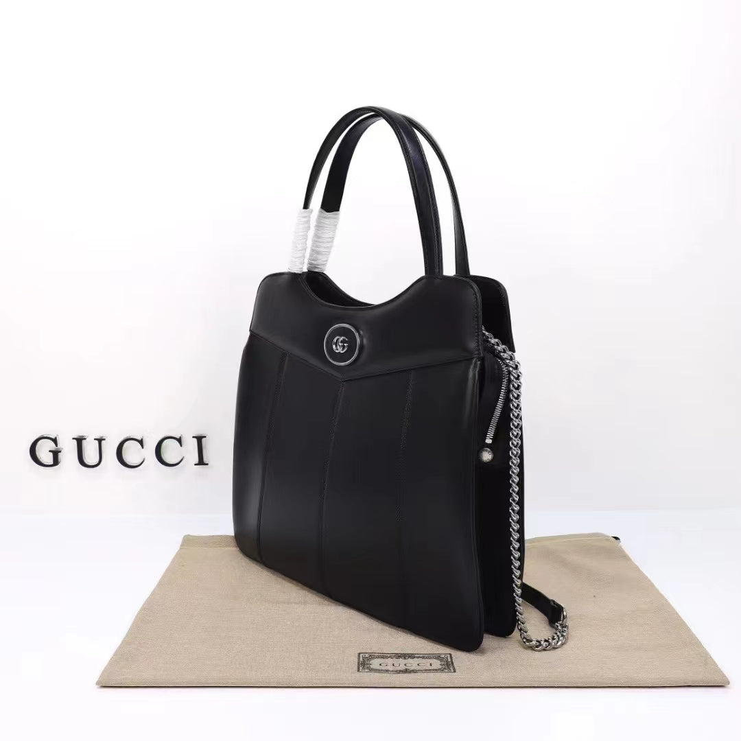 Gucci Women Petite GG Medium Tote Bag Black Leather Double G Zip Closure