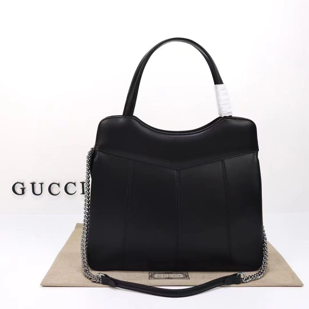 Gucci Women Petite GG Medium Tote Bag Black Leather Double G Zip Closure