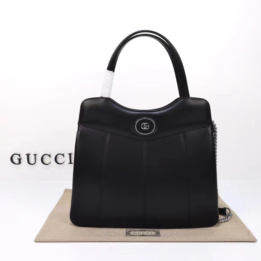 Gucci Women Petite GG Medium Tote Bag Black Leather Double G Zip Closure