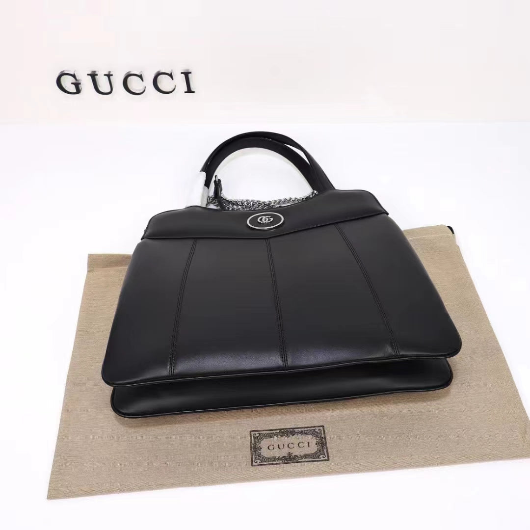 Gucci Women Petite GG Medium Tote Bag Black Leather Double G Zip Closure