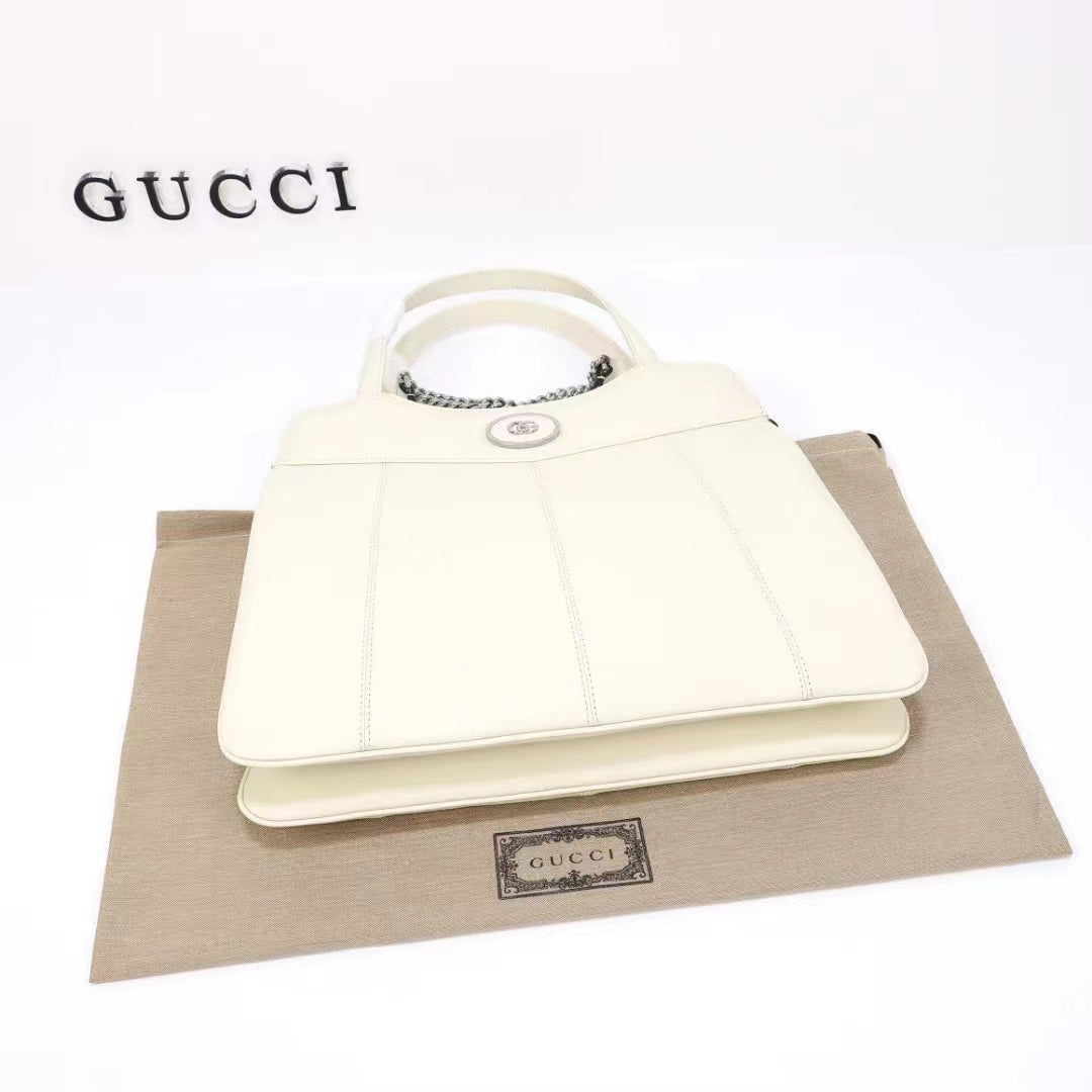 Gucci Women Petite GG Medium Tote Bag White Leather Double G Zip Closure