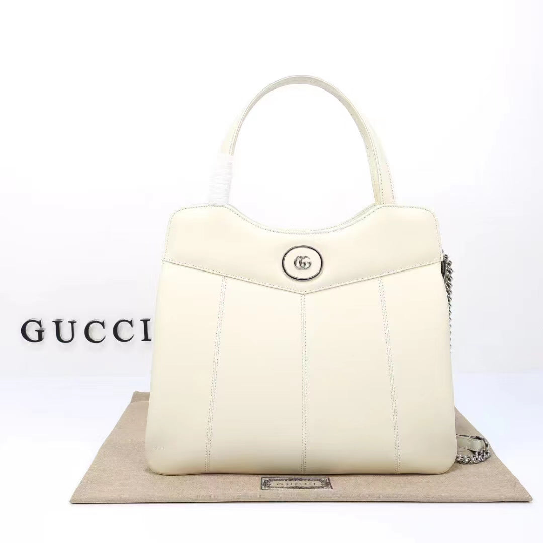 Gucci Women Petite GG Medium Tote Bag White Leather Double G Zip Closure