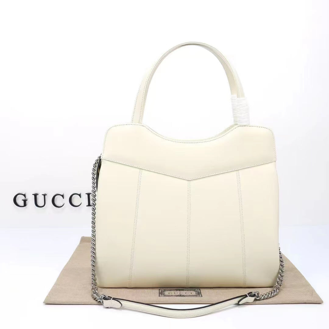 Gucci Women Petite GG Medium Tote Bag White Leather Double G Zip Closure