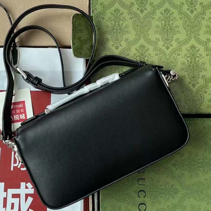 Gucci Women Petite GG Mini Shoulder Bag Black Leather Double G Push Lock Closure