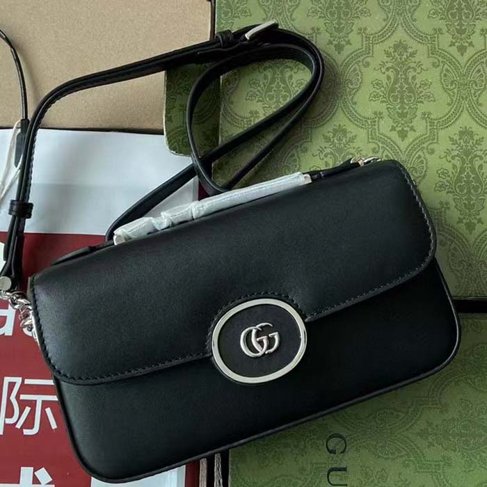 Gucci Women Petite GG Mini Shoulder Bag Black Leather Double G Push Lock Closure