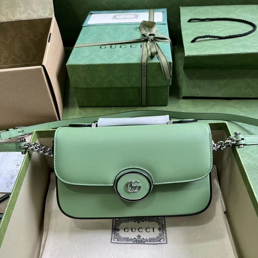 Gucci Women Petite GG Mini Shoulder Bag Light Green Leather Double G