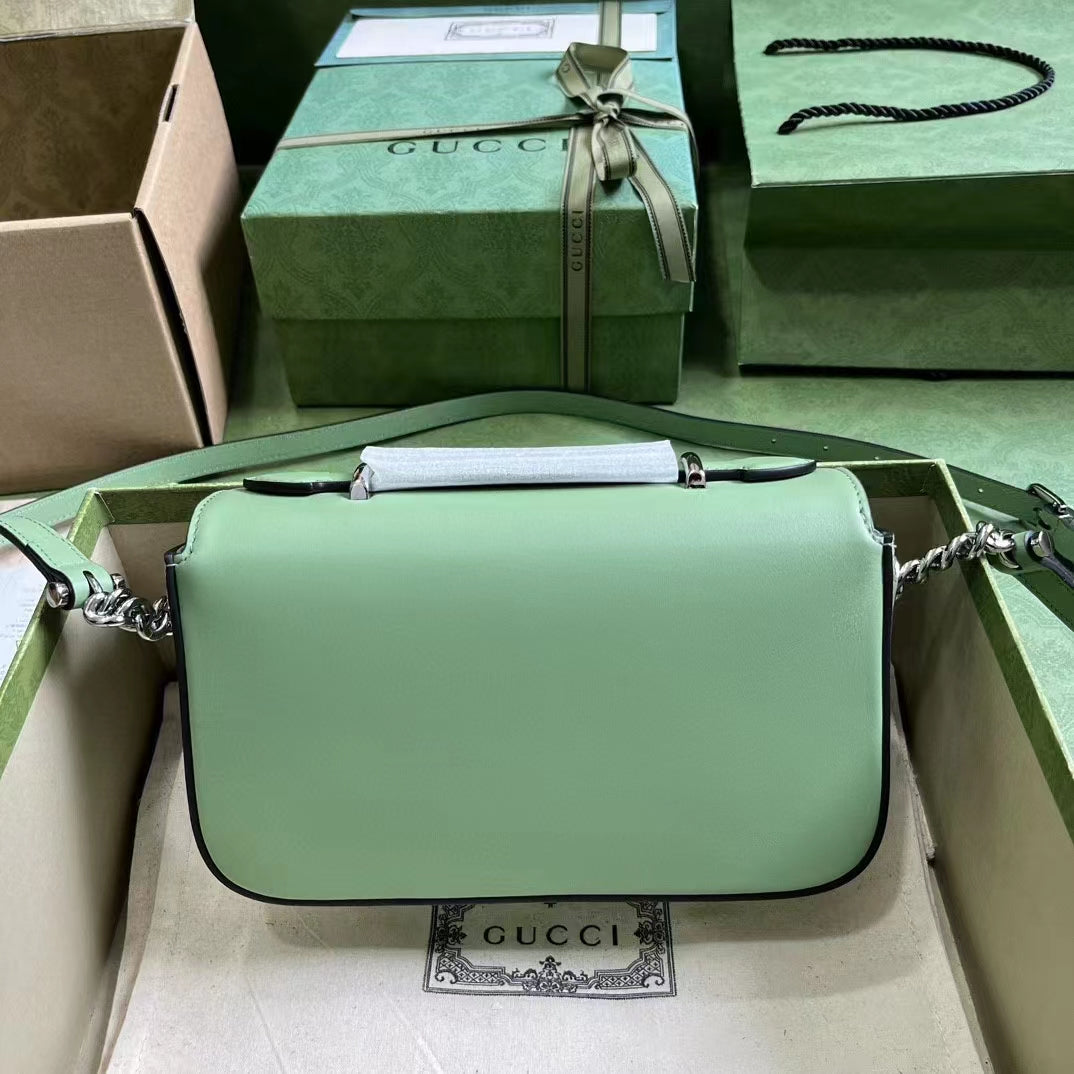 Gucci Women Petite GG Mini Shoulder Bag Light Green Leather Double G