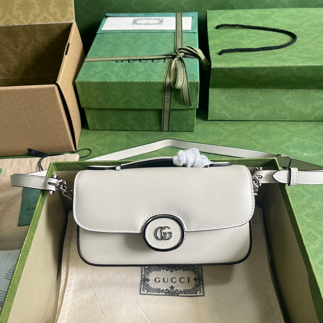 Gucci Women Petite GG Mini Shoulder Bag White Leather Double G