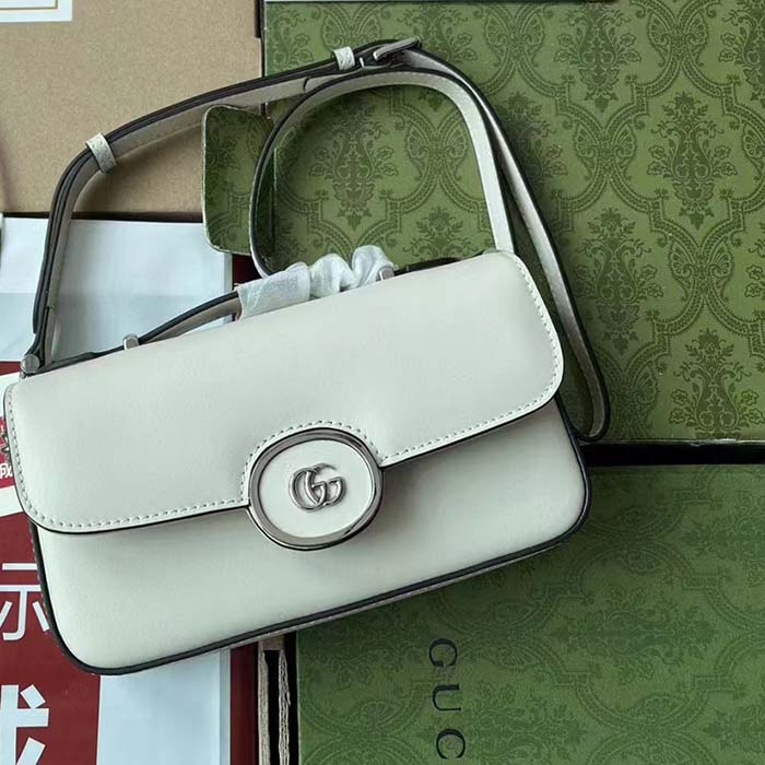 Gucci Women Petite GG Mini Shoulder Bag White Leather Double G Push Lock Closure