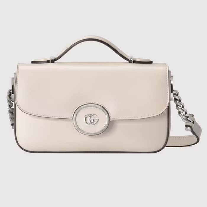 Gucci Women Petite GG Mini Shoulder Bag White Leather Double G Push Lock Closure